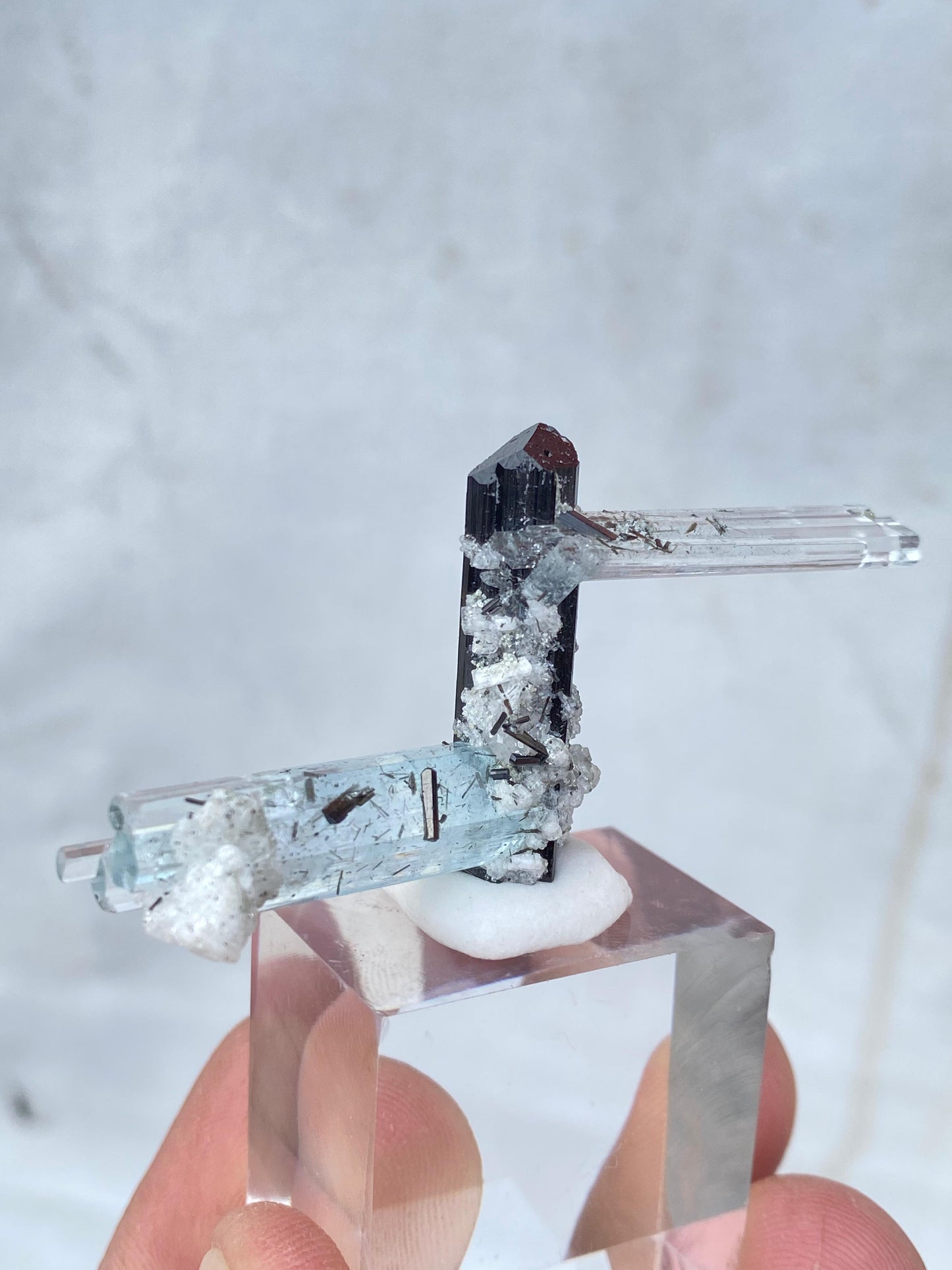 Beryl Var Twin Aquamarine with Black Tourmaline and Albite | Gemstone Cluster
