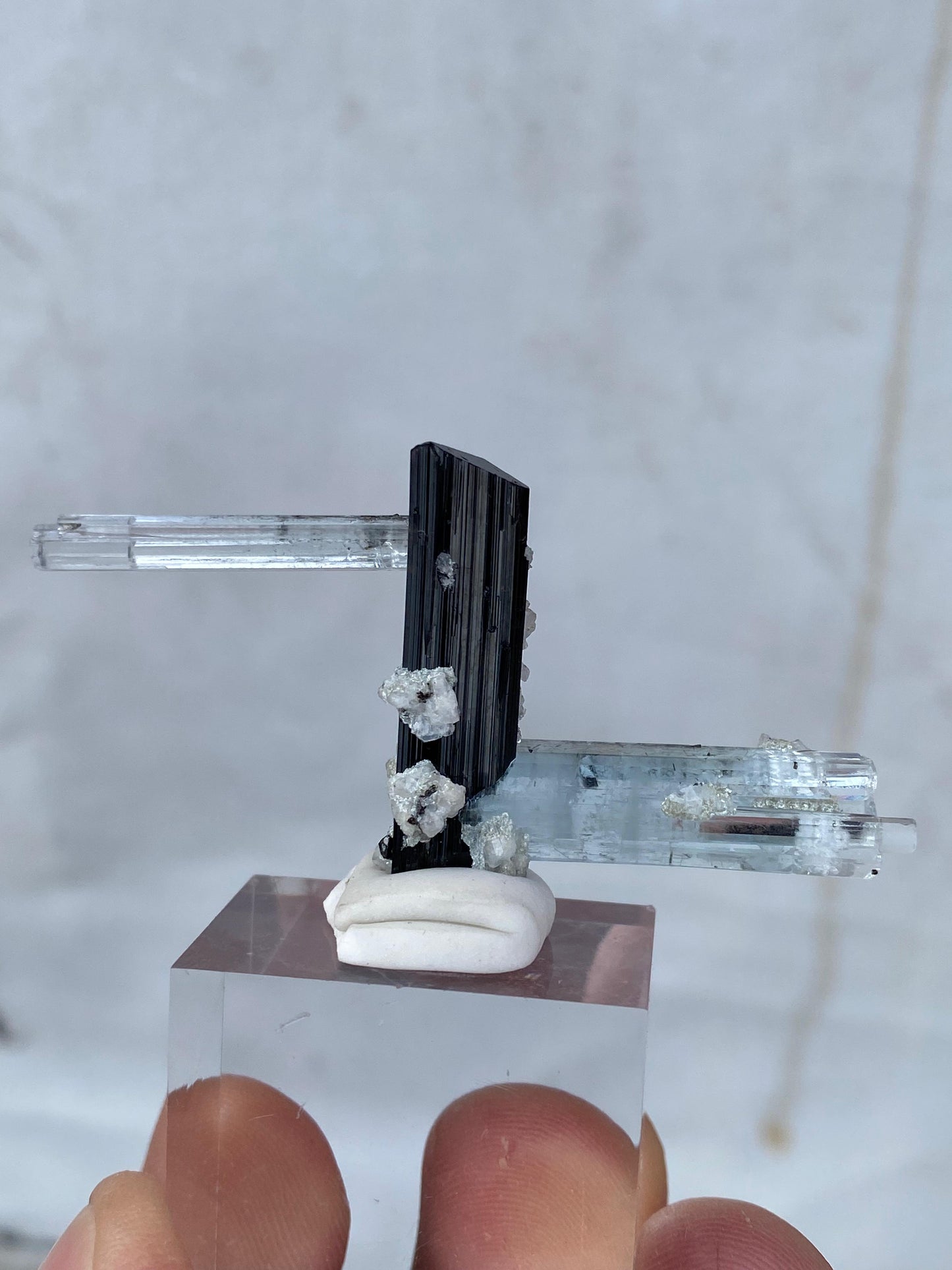 Beryl Var Twin Aquamarine with Black Tourmaline and Albite | Gemstone Cluster