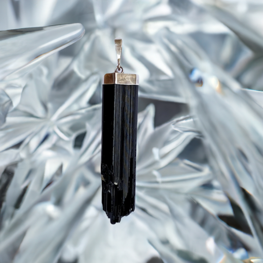 Black Tourmaline Crystal Point Pendant with Silver Cap - Unique Necklace