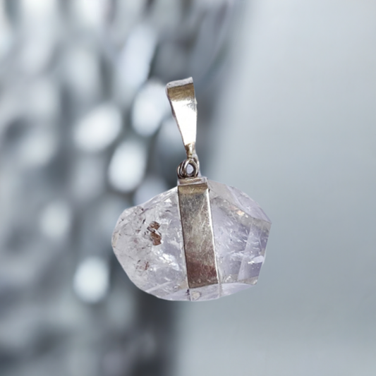 Diamond Rough Quartz Crystal Point Pendant with Silver Cap - Unique Necklace