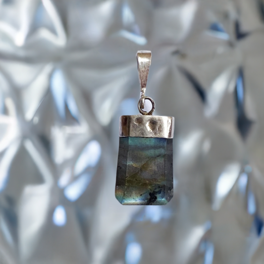 Labradorite Crystal Point Pendant with Silver Cap - Unique Necklace