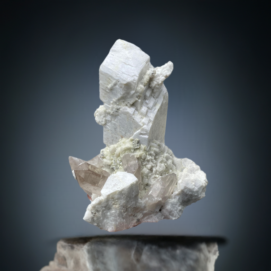 Microcline Feldspar Crystal with Smoky Quartz Cluster and Albite